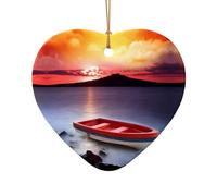 Poezjzw Red Fishing Boat Pattern Christmas Heart Shape Ceramic Ornaments Christmas Tree Hanging Home Decoration Gatherings Souvenirs