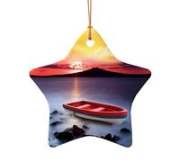 Poezjzw Red Fishing Boat Pattern Christmas Star Shape Ceramic Ornaments Christmas Tree Hanging Home Decoration Gatherings Souvenirs