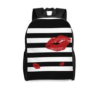 POEZJZW Red Mouth Printed In Black And White Stripes Pattern Casual Shoulders Backpack School Bags Ladies Day And Sports Travel Bag Laptop Bag