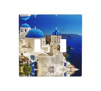 Poezjzw Santorini Greek Island Sea View Pattern Light Switch Cover Receptacle Cover Double Toggle Decorative Wall Plate, Standard Size 4.5 in X 4.5 in