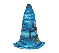 POEZJZW Sea Blue Marine Life Pattern Men Women Cloak With Hood Adult Cape With Hood Renaissance Halloween Witch Costume Wizard Cloak L
