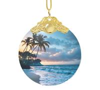 Poezjzw Seaside At Dusk Pattern Glass Christmas Ornament Round Hanging Pendant Gifts For Xmas Holidays Ornaments Home Decor Gold Metal Buckle