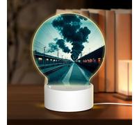 POEZJZW Smokey Train Station Pattern Round Acrylic Night Light with USB Cable Adjustable 3 Colors for Restaurant Bar Cafe
