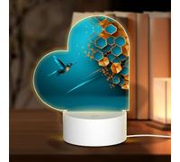 POEZJZW Sprinting Bluebird Pattern Heart Shape Acrylic Night Light with USB Cable Adjustable 3 Colors for Restaurant Bar Cafe
