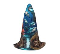 POEZJZW Submarine Shark Coral Pattern Hooded Cloak Robe Costume Cloak For Adult Men Women Christmas Hoodies Cape Cosplay Costumes S