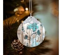 Poezjzw Teal Flower On Wooden Plank Pattern Glass Round-Shaped Christmas Tree Ornaments, Family New Year Home Souvenirs For Gatherings Silver