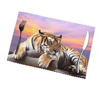 Poezjzw Tiger Lying On Wood Pattern Placemats Set Of 6 Non Slip Heat Resistant Polyester Table Mats Washable Place Mats For Dinner Party Table Decoration