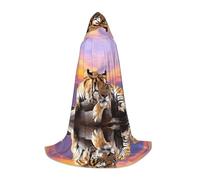 POEZJZW Tiger Lying On Wood Pattern Teenager Hooded Cloak Cloak Women Men Halloween Costume Masquerade Cosplay Costume Christmas Party Robe L