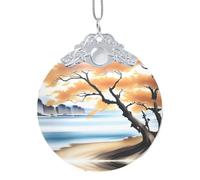 Poezjzw Tree At The Water'S Edge Pattern Glass Christmas Ornament Round Hanging Pendant Gifts For Xmas Holidays Ornaments Home Decor Silver Metal Buckle