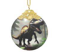 Poezjzw Wandering Dinosaur Pattern Glass Christmas Ornament Round Hanging Pendant Gifts For Xmas Holidays Ornaments Home Decor Gold Metal Buckle