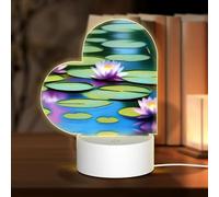 POEZJZW Water Lilies in Water Pattern Heart Shape Acrylic Night Light with USB Cable Adjustable 3 Colors for Restaurant Bar Cafe