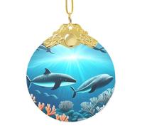 Poezjzw Whales Under The Sea Pattern Glass Christmas Ornament Round Hanging Pendant Gifts For Xmas Holidays Ornaments Home Decor Gold Metal Buckle
