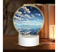 POEZJZW White Clouds Over The Sea Pattern Round Acrylic Night Light with USB Cable Adjustable 3 Colors for Restaurant Bar Cafe