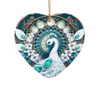Poezjzw White Peacock With Open Screen Pattern Ceramic Christmas Ornament Heart Shape Hanging Pendant Gifts For Xmas Holidays, Ornaments For Home Decor