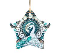Poezjzw White Peacock With Open Screen Pattern Ceramic Christmas Ornament Star Shape Hanging Pendant Gifts For Xmas Holidays, Ornaments For Home Decor