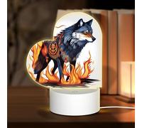POEZJZW Wolf Covered in Fire Pattern Heart Shape Acrylic Night Light with USB Cable Adjustable 3 Colors for Restaurant Bar Cafe