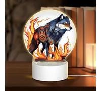 POEZJZW Wolf Covered in Fire Pattern Round Acrylic Night Light with USB Cable Adjustable 3 Colors for Restaurant Bar Cafe