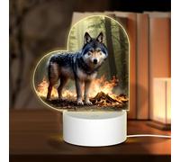 POEZJZW Wolf in Flames Pattern Heart Shape Acrylic Night Light with USB Cable Adjustable 3 Colors for Restaurant Bar Cafe