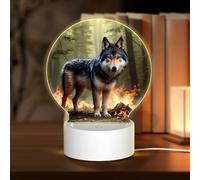 POEZJZW Wolf in Flames Pattern Round Acrylic Night Light with USB Cable Adjustable 3 Colors for Restaurant Bar Cafe