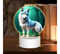 POEZJZW Wolf Pattern Round Acrylic Night Light with USB Cable Adjustable 3 Colors for Restaurant Bar Cafe