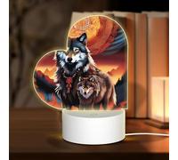 POEZJZW Wolf Totem with Fire Pattern Heart Shape Acrylic Night Light with USB Cable Adjustable 3 Colors for Restaurant Bar Cafe