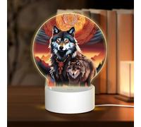 POEZJZW Wolf Totem with Fire Pattern Round Acrylic Night Light with USB Cable Adjustable 3 Colors for Restaurant Bar Cafe