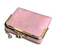 Pofee Womens Wallet RFID Small Compact Bifold Leather Vintage Wallet,Ladies Coin Purse with Zipper and Kiss Lock, Pink, S