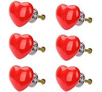 POFET 6pcs Heart-Shaped Dresser Drawer Cabinet Knobs Vintage Door Handle Ceramics Furniture Pulls for Kitchen Wardrobe Cupboard Kids Room Decorative - Red
