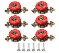 POFET 6pcs Round Ceramic Dresser Drawer Cabinet Knobs Vintage Door Handle Ceramics Furniture Pulls for Kitchen Wardrobe Cupboard Kids Room Decorative - Red