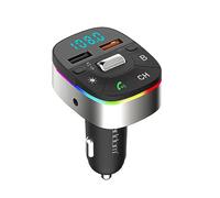 POFET Bluetooth 5.0 Car FM Transmitter, QC3.0 Charger, AUX Radio Music Adapter, Stronger Wireless Dual Mics & Bass Sound Cigarette Lighter with 7 Color Lights Supports Hands-Free Calling