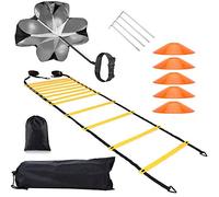 POFET Invincible Fitness Agility Ladder Training Equipment Set,Includes1 Resistance Parachute,6m 12 Sections Agility Speed Ladder,5 Cones and 4 Hooks Improves Coordination, Speed and Power