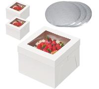 POFFYA Cake Boards and Boxes 10 inch, 3 Sets White Cake box Cover with Round Cake Drum Board Silver, Cake Transport Carrier, 10x10x8 inch