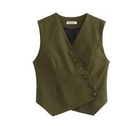 Pofihavi Cropped Suit Vest for Women 2024 Button Up Business Casual Dressy Waistcoat Vest Tops, Army Green, Small
