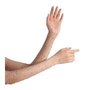 pofluany 1 Pair Women Prom Arm Sleeves See-through Hollow Out Fishnet Rhinestone Decor Ultra Thin Fingerless Performances Bride Wedding Photo Prop Arm Cuffs Camel
