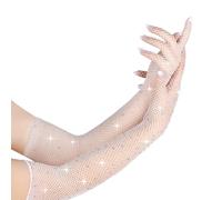 pofluany 1 Pair Women Prom Arm Sleeves See-through Hollow Out Fishnet Rhinestone Decor Ultra Thin Fingerless Performances Bride Wedding Photo Prop Arm Cuffs White