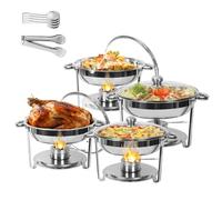 pofluany Chafing Dish Buffet Set w/Glass Lid 5.5L 4Pack Round Chafing Dish Buffet Set w/Glass Lid & Lid Holder Serving Utensils Stainless Steel Chafers for Catering for Parties Wedding 1 Set