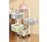 pofluany Fruit Basket for Kitchen, Square Swivel Kitchen Shelf, 5 Tier Circular Rotating Basket, Rotating Trolley, Kitchen Trolley Fruit Vegetable Metal Shelf with Top Lid for Living Room White 5-Lay