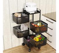 pofluany Fruit Basket for Kitchen, Square Swivel Kitchen Shelf, 5 Tier Circular Rotating Basket, Rotating Trolley, Kitchen Trolley Fruit Vegetable Metal Shelf with Top Lid for Living Room Black 5-Lay