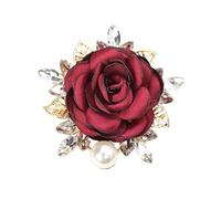 pofluany Rose Brooch Women's 3D Leaf Faux Pearl Rhinestone Elegant Lapel Collar Pin for Bag Scarf Hat Decoration Prom Party Red