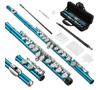 POGOLAB Flute, Closed-Hole C Flute 16 Keys, Student Flute with Offset-G, with Flute Case/Flute Cleaning Kit/Probe Rod/Gloves/Grease, Nickel Flute for School Band Practice-Skyblue