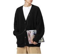 POHADON Mens Cardigan Sweater Button Down Long Sleeve V Neck Cable Knit Sweaters Japanese Streetwear Grunge Clothes, Black, Large