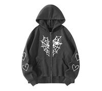 POHADON Oversized Y2K Zip Up Hoodie for Women Men Gothic Spider Web Heart Graphic Sweatshirt Punk Harajuku Alt Emo Streetwear, Dark Gray, Large