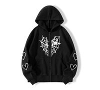 POHADON Oversized Y2K Zip Up Hoodie for Women Men Gothic Spider Web Heart Graphic Sweatshirt Punk Harajuku Alt Emo Streetwear, Black, Large