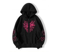 POHADON Oversized Y2K Zip Up Hoodie for Women Men Gothic Spider Web Heart Graphic Sweatshirt Punk Harajuku Alt Emo Streetwear, Rose Pink, Medium
