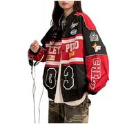 POHADON Varsity Jacket for Women Patchwork Long Sleeve Racing Bomber Letterman Jackets Color Block Y2k Vintage Streetwear, Red, M