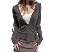 POHADON Women Y2k Zip Up Hoodie Vintage Aesthetic Slim Fit Crop Top Hooded Sweatshirt Fairy Grunge Aesthetic Clothes, Dark Gray, Large