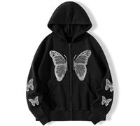 POHADON Women's Y2k Butterfly Zip Up Hoodie Oversized Graphic Print Sweatshirt Vintage Baggy Grunge Aesthetic Alt Emo Jackets, Black, Medium