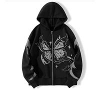 POHADON Y2k Vintage Zip Up Hoodie for Women Oversized Butterfly Graphic Long Sleeve Hooded Aesthetic Sweatshirt Jacket, Black, Large