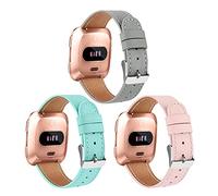 POHNUI 3 Pack Leather Bands Compatible with Fitbit Versa 2/Versa/Versa Lite/Versa SE for Women Men, Adjustable Soft Leather Replacement Strap Wristband for Fitbit Versa Smart Watch