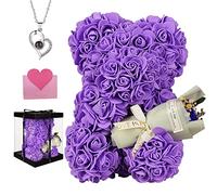 POHOMEGK Valentines Gifts for Her Rose Bear Rose Teddy Bear With Rose Bouquet and Necklace,Flower Bear Anniversary Birthday Gifts for Wife//Mum Daughter (Purple)